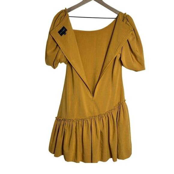 Marigold Line & Dot Ruffle Asymmetrical Puff Sleeve Yoko Mini Dress Size Small - Picture 6 of 11